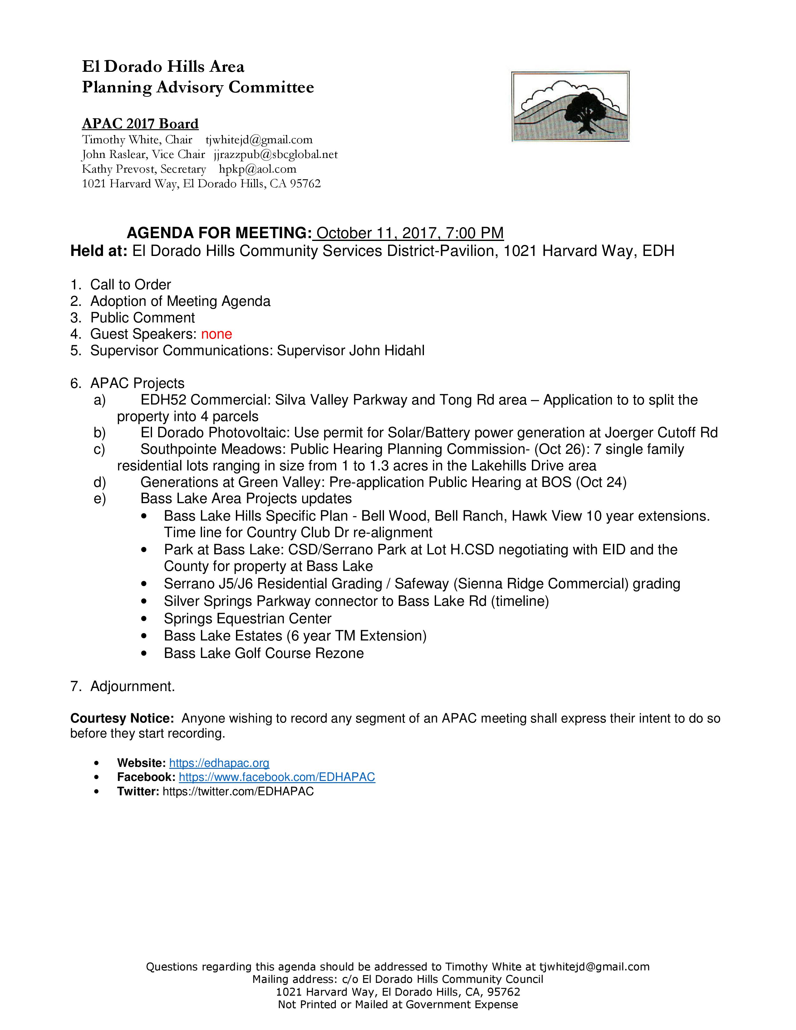 Ochtend gymnastiek terrorist niemand EDH APAC October 11 2017 Meeting Agenda Now Online - El Dorado Hills Area  Planning Advisory Committee